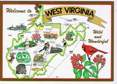 West Virginia Postcard Mountain State Pictoral Map Wild Wonderful