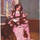 Postcard Young Lady With Pigtails Reading By Spinning Wheel Sincere Wishes