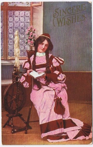 Postcard Young Lady With Pigtails Reading By Spinning Wheel Sincere Wishes