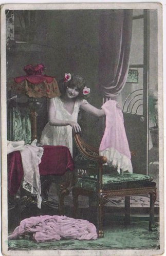 Postcard Lady Getting Dressed In Boudoir Petticoats