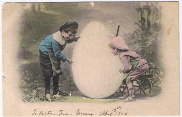 Easter Postcard Children Giant Egg Cart 1906