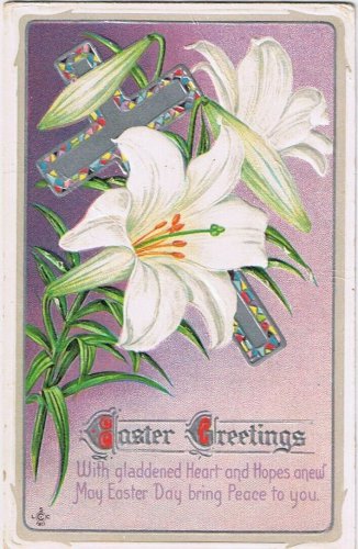 Postcard Embossed Easter Day Lilies And Cross