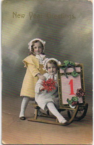 Postcard New Year Greetings Children On Sled January 1