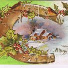 Holiday Postcard Embossed Happy New Year Horseshoe Mistletoe Snowy Home Scene