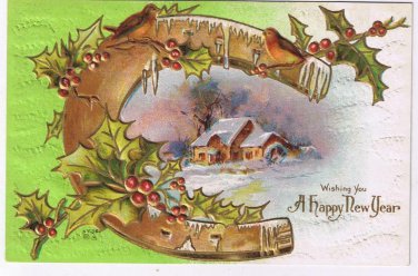 Holiday Postcard Embossed Happy New Year Horseshoe Mistletoe Snowy Home Scene