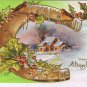 Holiday Postcard Embossed Happy New Year Horseshoe Mistletoe Snowy Home Scene