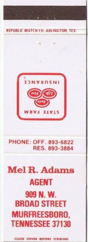 Matchbook Cover Mel R Adams State Farm Agent Murfreesboro Tennessee