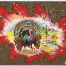 Holiday Postcard Embossed Thanksgiving Turkey Maple Leaf Farm Scene
