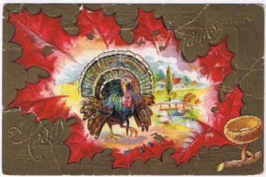 Holiday Postcard Embossed Thanksgiving Turkey Maple Leaf Farm Scene