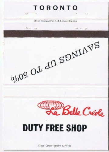 Matchbook Cover Duty Free Shop Toronto La Belle Creole 50% Savings