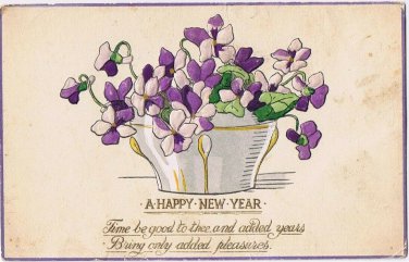 Postcard Embossed Happy New Year Bowl Of Violets