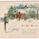 Holiday Postcard Embossed Happy New Year Mailbox Girl Red Coat Gate