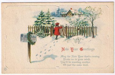 Holiday Postcard Embossed Happy New Year Mailbox Girl Red Coat Gate