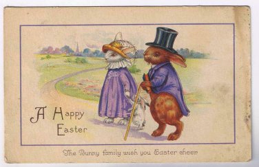 Holiday Postcard Easter Bunny Family Dressed For A Walk