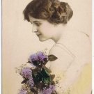 Antique Fashion RPPC Lady Violets Photo Postcard Hand Colored Art Deco USA