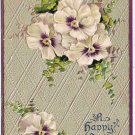 Greetings Postcard Embossed A Happy Birthday White Pansies