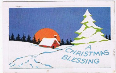 Holiday Postcard Embossed Christmas Blessing Sunset Tree House Snow