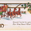 Holiday Postcard Embossed Happy New Year Coach & Horses Horseshoes