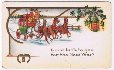 Holiday Postcard Embossed Happy New Year Coach & Horses Horseshoes