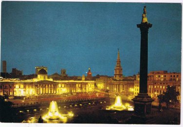 Postcard Trafalgar Square Nelson's Column National Gallery Floodlit London UK