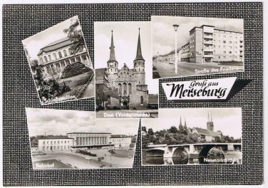 Germany Postcard Merseburg Multi View Schlosspavillon Dom Bahnhof Newmarktbruke