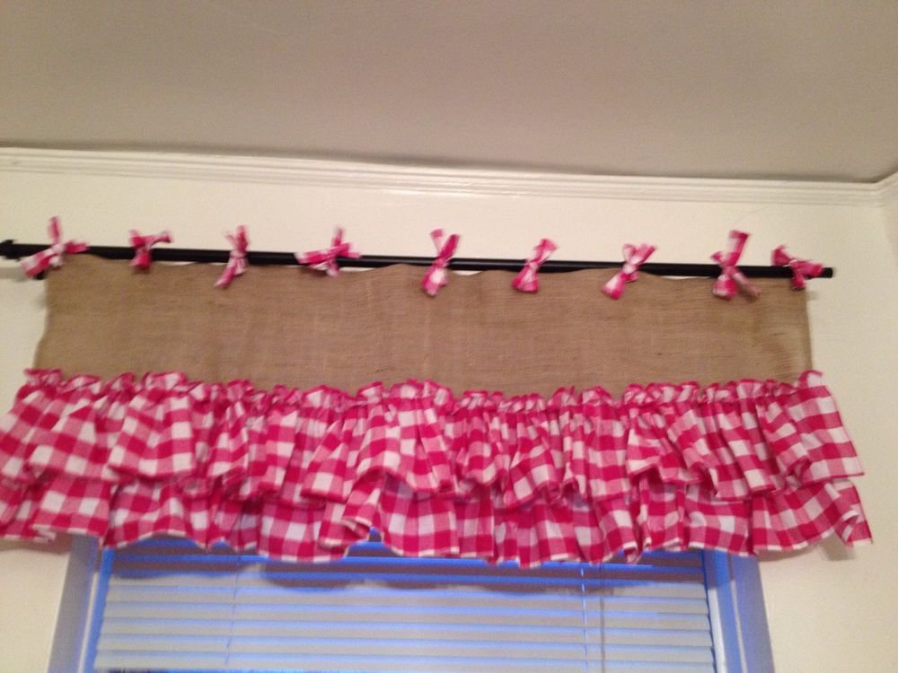 Handmade Burlap Natural Valance  Window Treatment Rustic Look With Pink Gingham