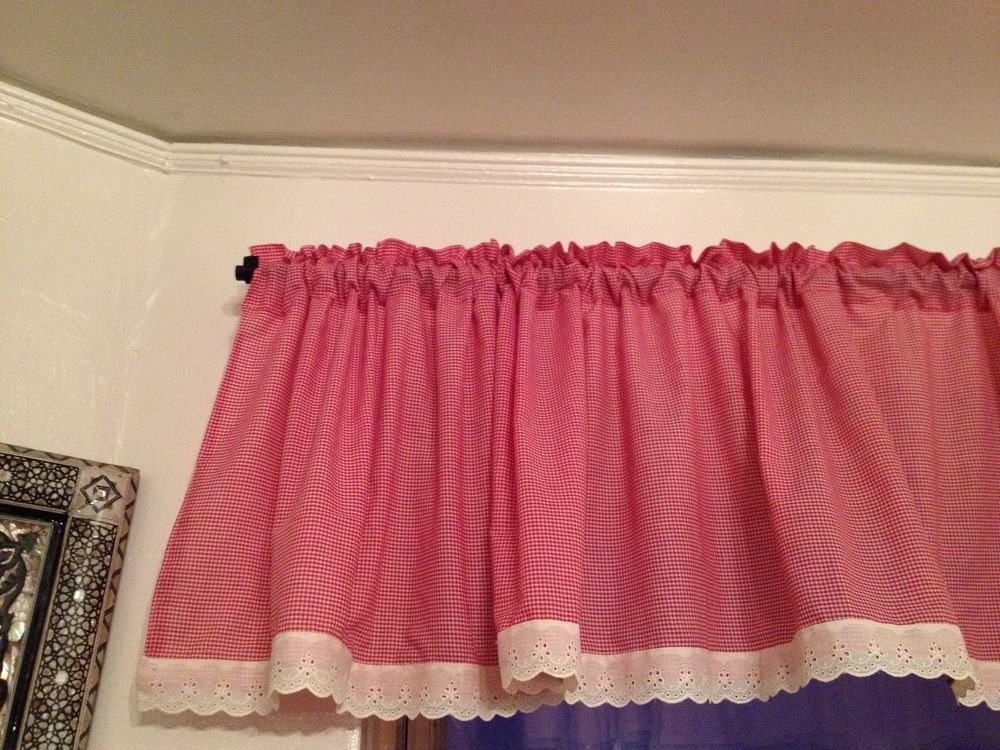 Handmade Baby Red Gingham Valance 90" Wide18"Long With Antique Eyelet Trim
