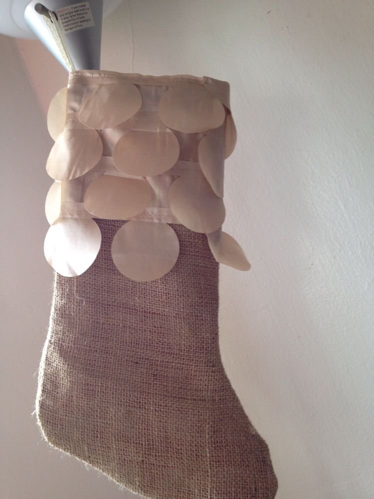 HandmadeBURLAP STOCKING with Golden Circeld Fabric Happy Holidays