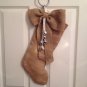 HandmadeBURLAP STOCKING with Big Burlap Bow And Silver Bells Happy Holidays
