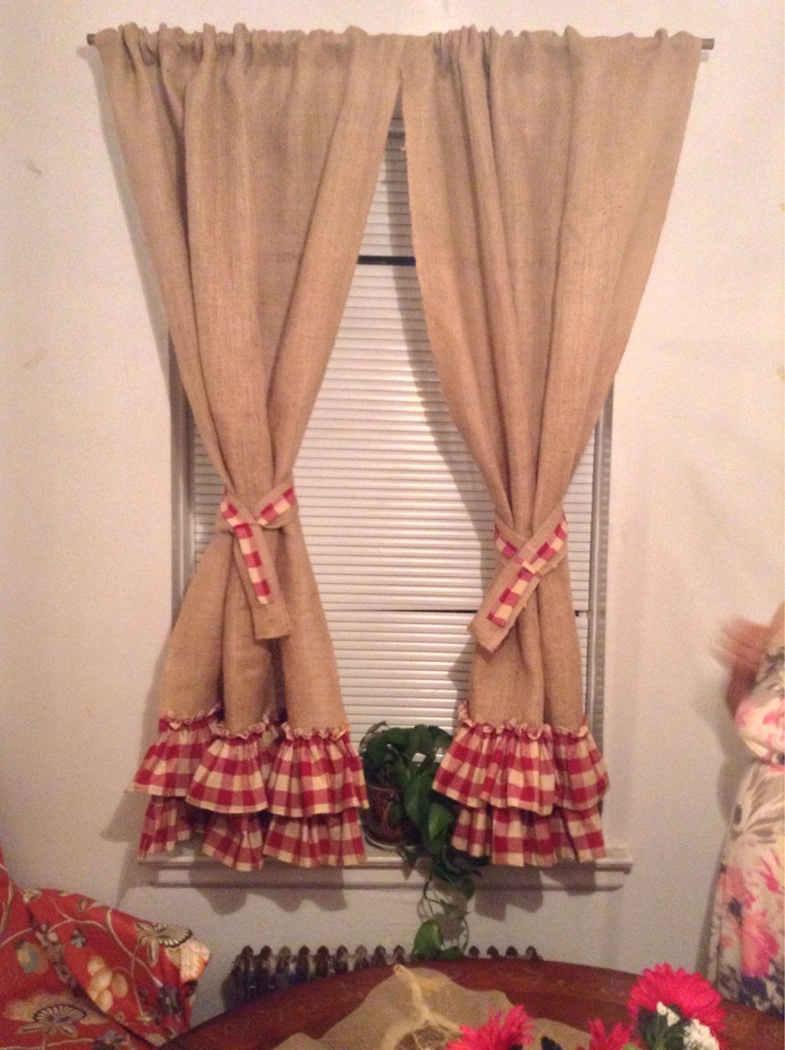 Burlap Curtain panels with red ruffles