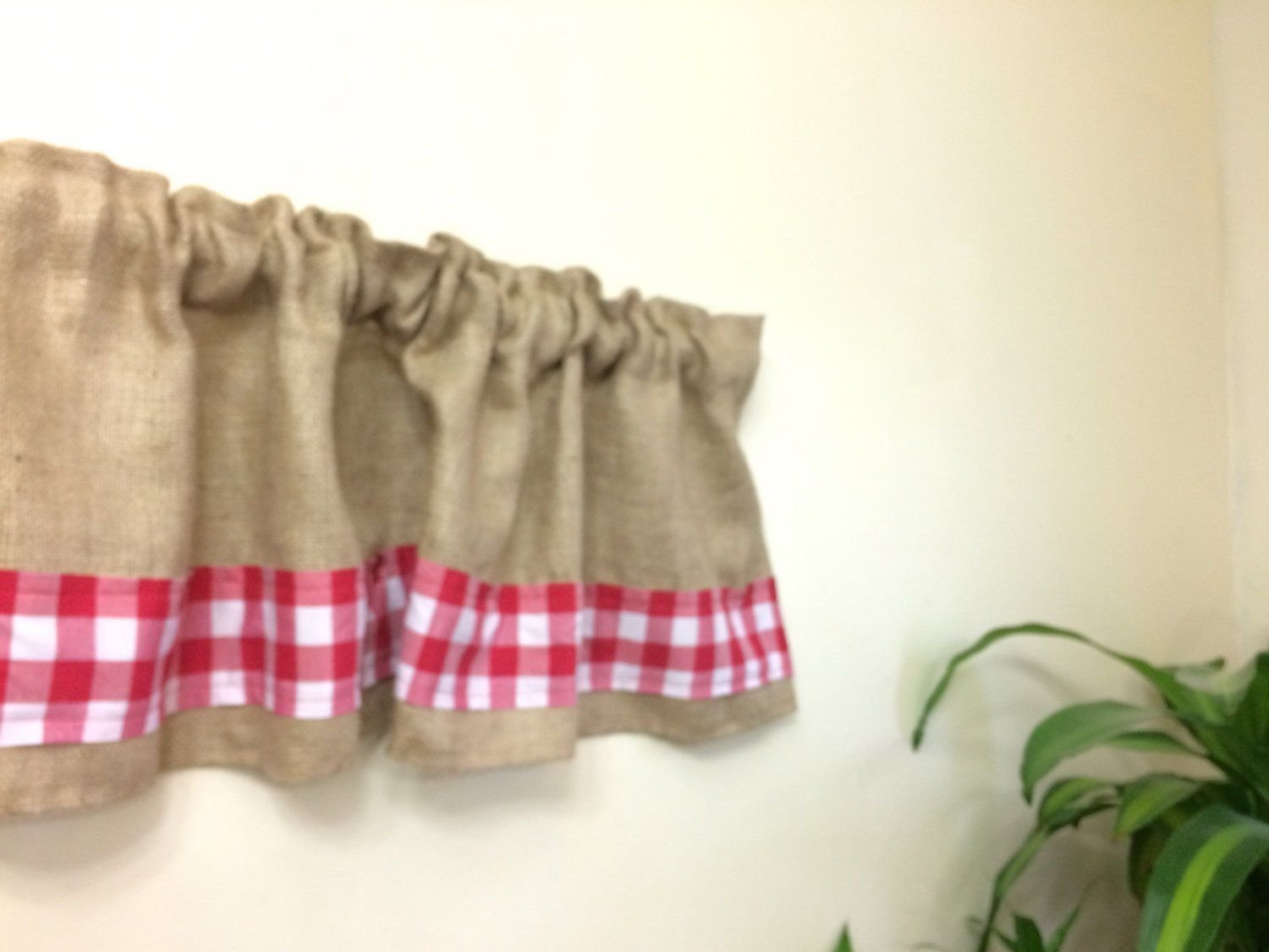 Burlap and red gingham valance 72"X15