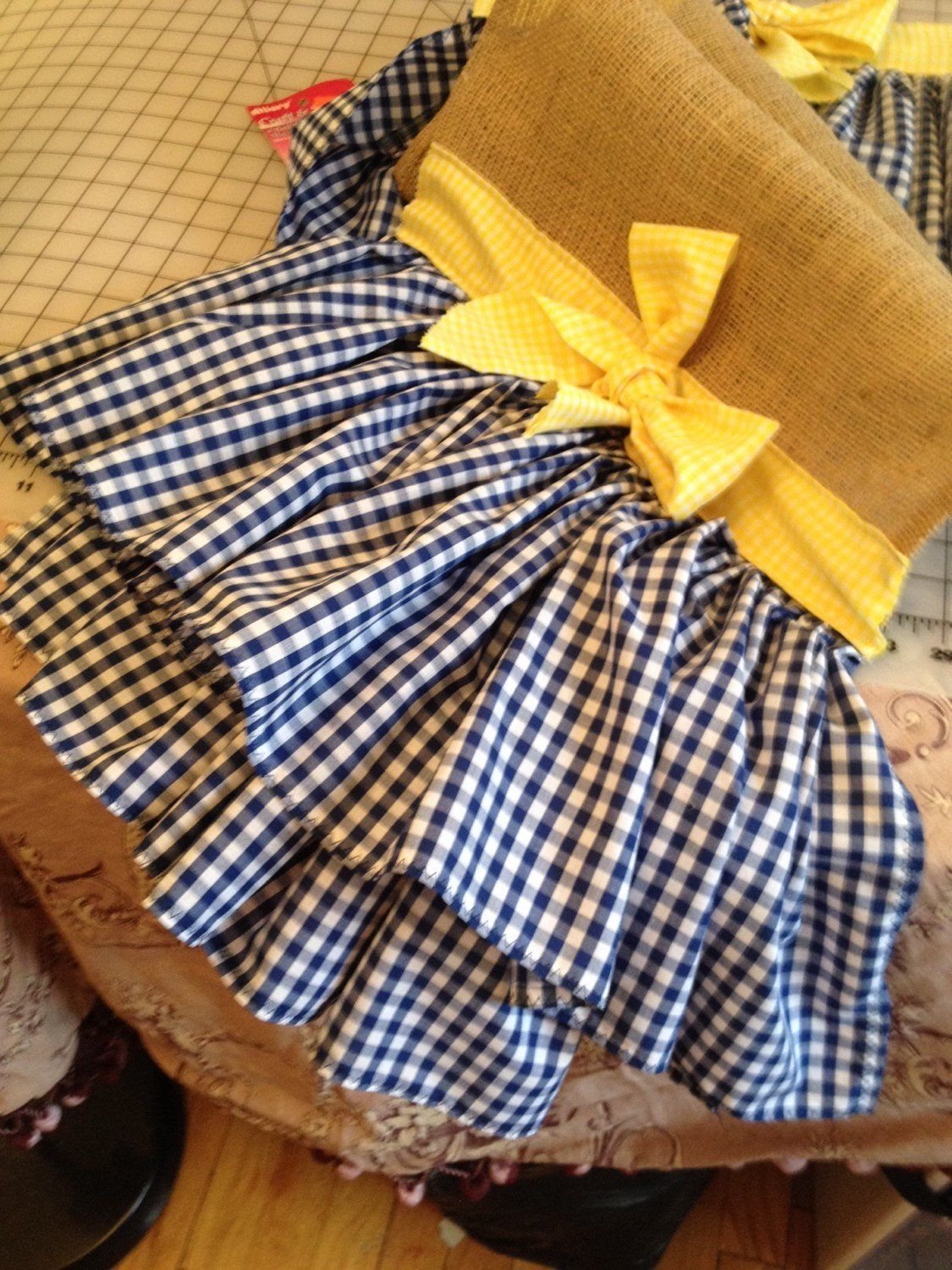 72X14 Burlap runner with navy blue gingham