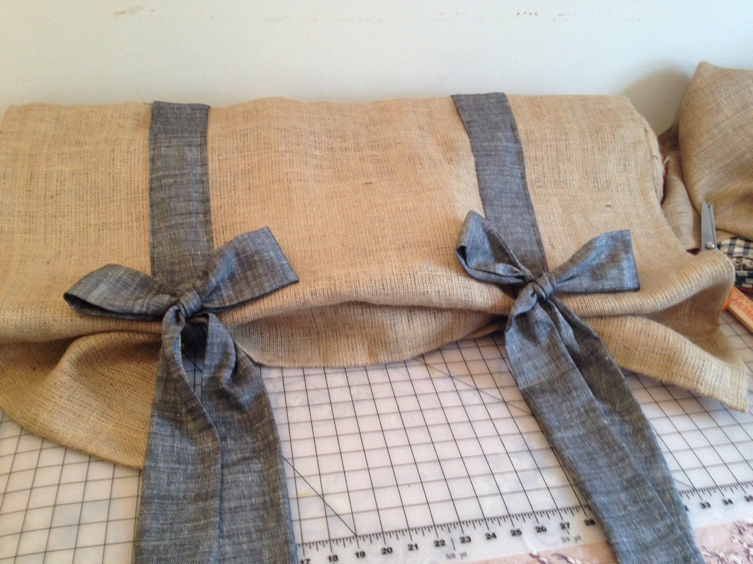 Black chambray and burlap valance
