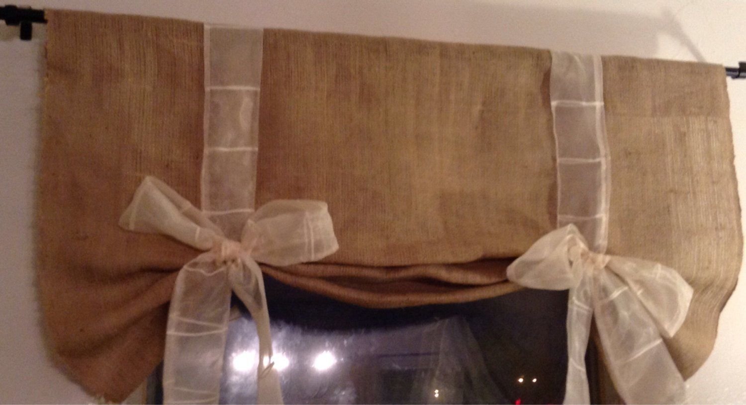Handmade Burlap Tie Up Valance with very pretty long straps to gather up and for