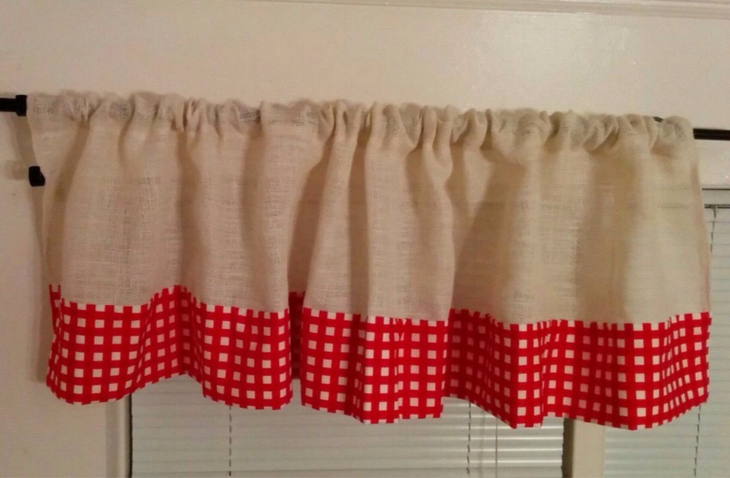 White Burlap and Red Gingham Valance