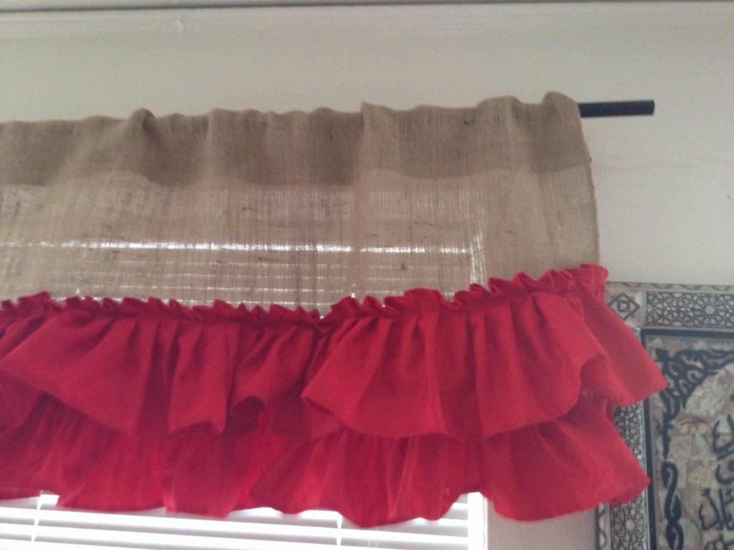 Red and burlap ruffeled Valance