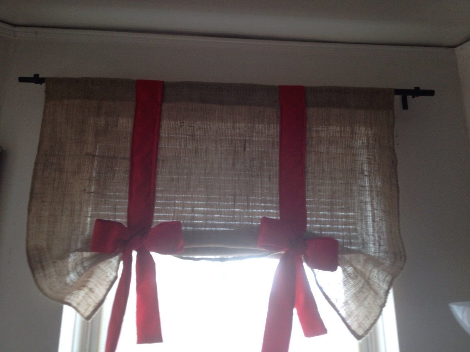 Burlap tie up valance with Red bow