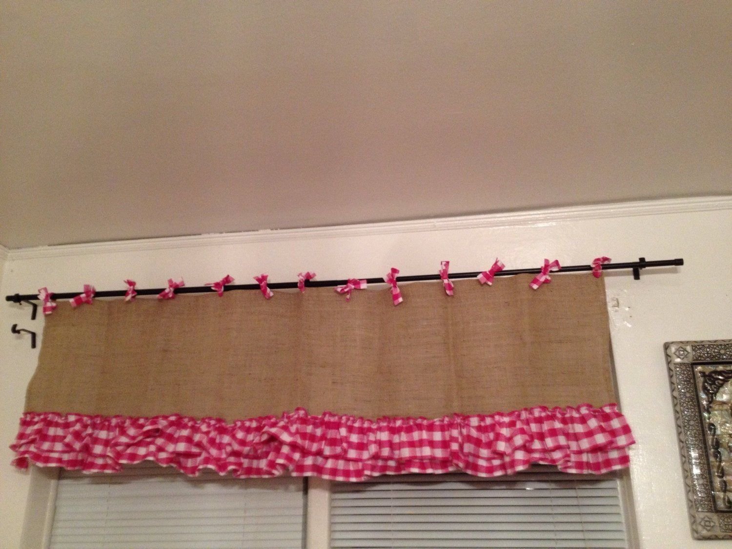 burlap Valance with gingham ruffles and matching ties