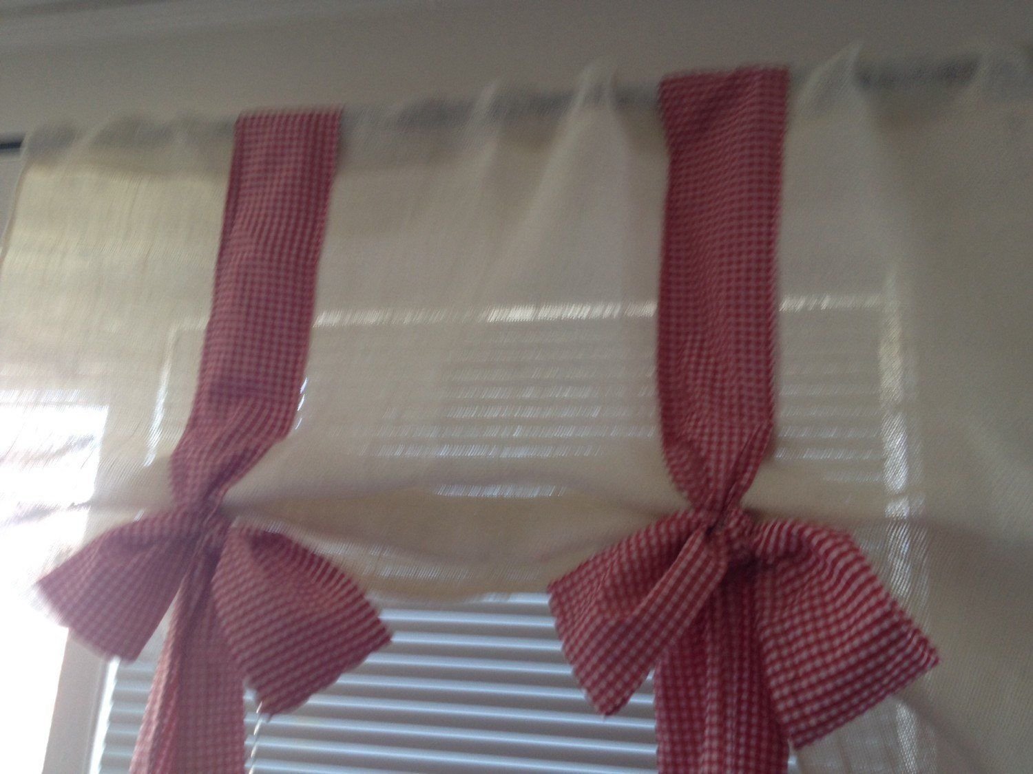 White Burlap with red gingham  window valance
