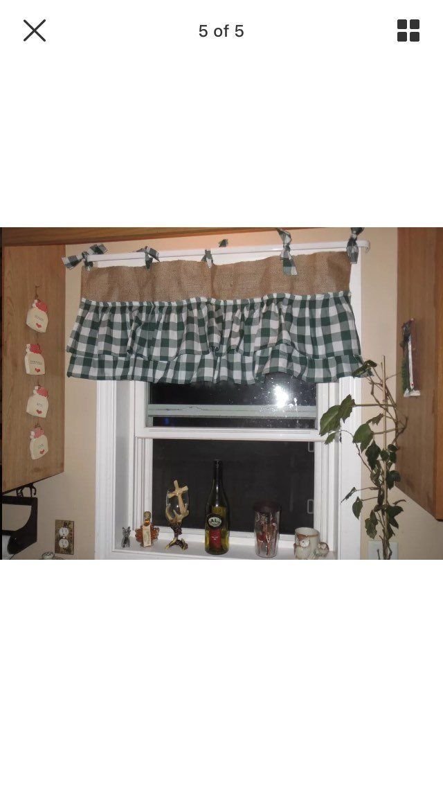 Burlap Valance with hunter green ruffles and and matching ties