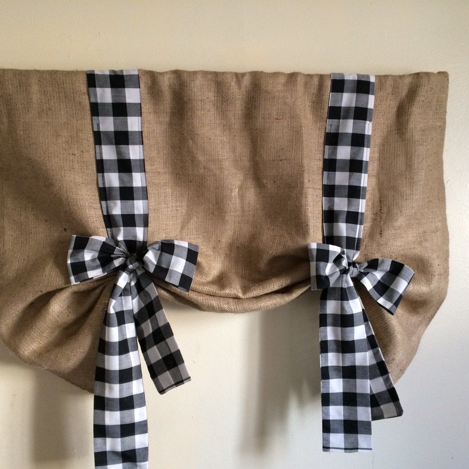 Natural Burlap Tie Up valance  Large black and white gingham 40X 30