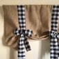 Natural Burlap Tie Up valance  Large black and white gingham 40X 30