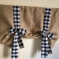Natural Burlap Tie Up valance  Large black and white gingham 40X 30
