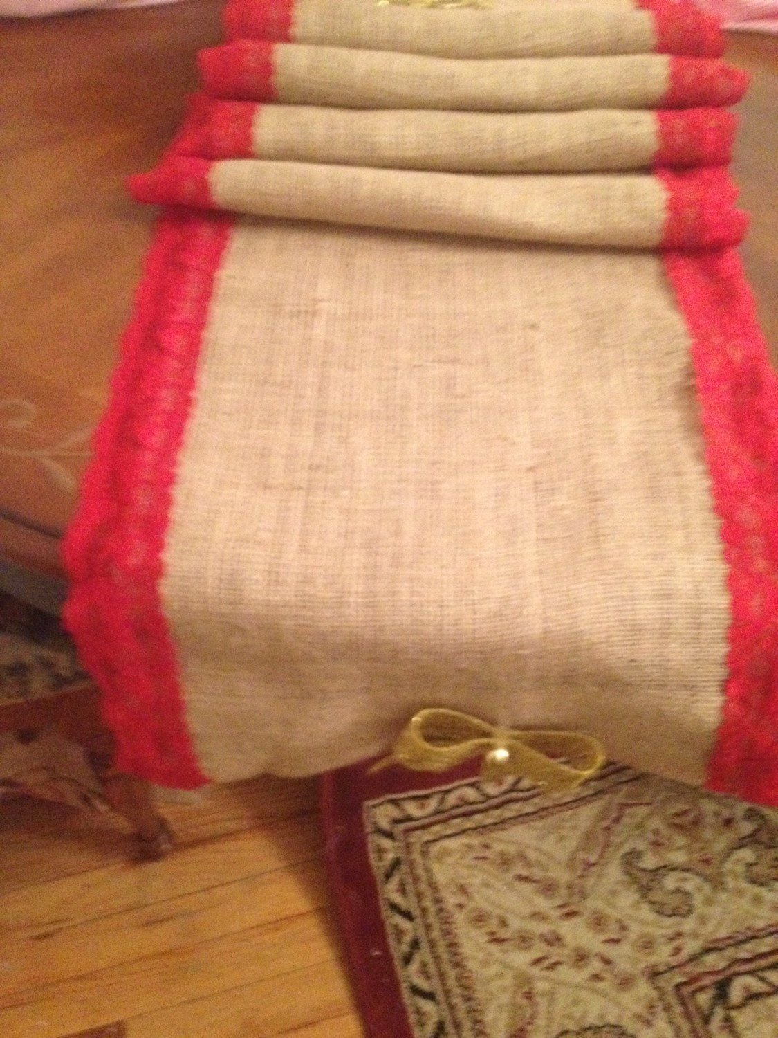 Christmas Burlap and red Lace table Runner with glittered golden Bow