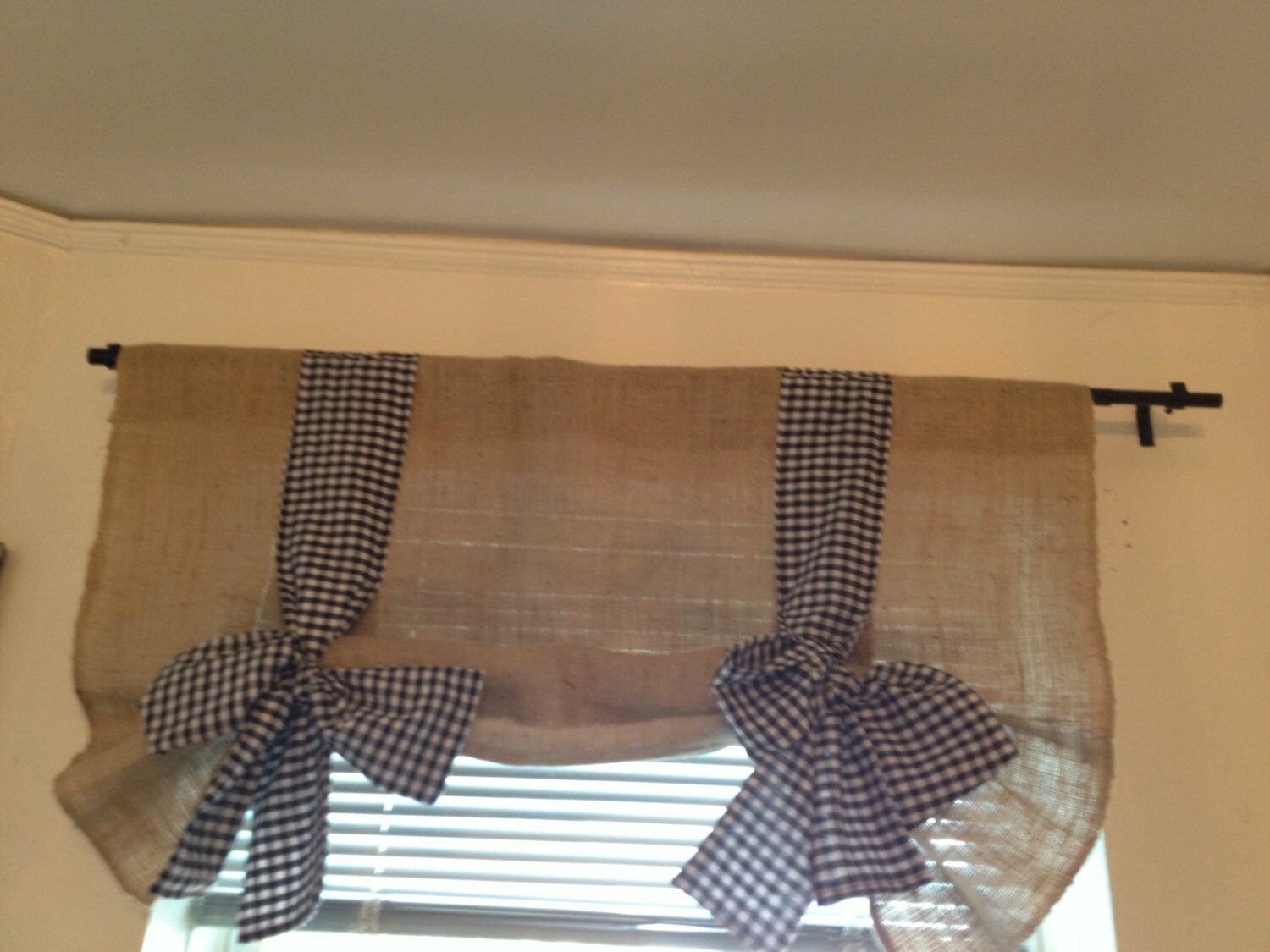 Burlap and black Gingham Tie Up Valance
