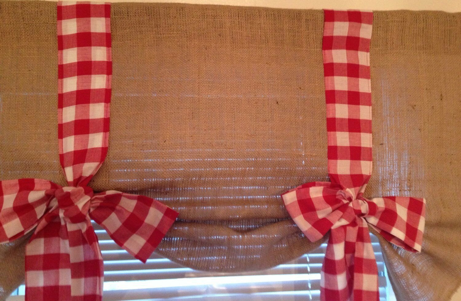 Burlap Tie Up Valance with Red Gingham