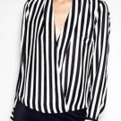V Collar Long Sleeve Black White Stripe Chiffon