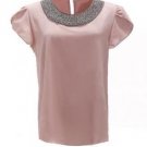 Beaded Neckline Ruffle Shoulder Chiffon Blouse