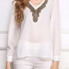 Elegant V Neck Y Beads Long Sleeve Chiffon Blouse