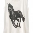 Cotton Black Steed Pattern Print O-neck Sleeveless Loose T-shirt